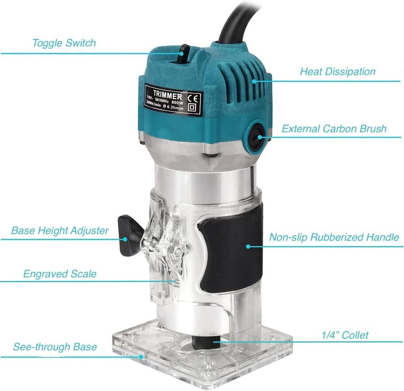 Mefape 110V Router Tool, 800W Wood Trim Router, 30000RPM Electric Hand Trimmer, Palm Router with 15x 1/4” Router Bits & 2x Trim Guides for Woodworking Tools, Adjustable Base Height w/Scale - Image 2